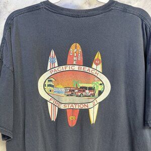 VTG Pacific Beach Fire Station T Shirt Mens XXL 26x26.5 Blue Short Sleeve Surf